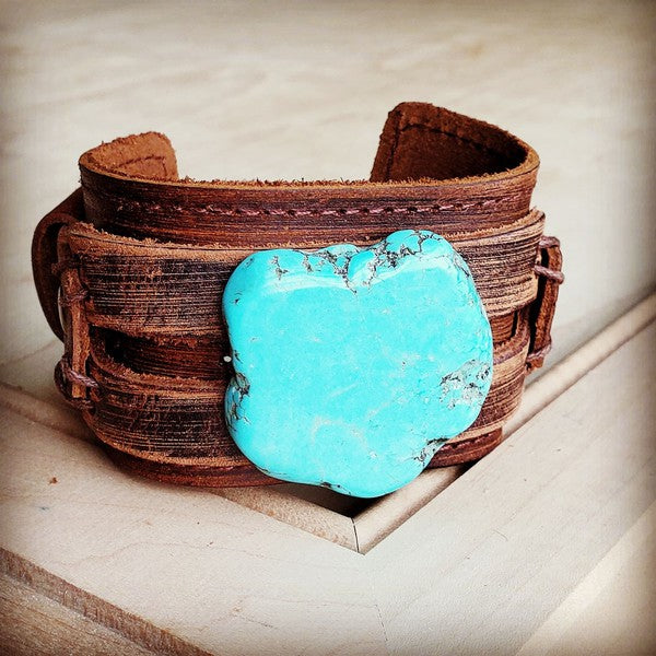 Blue Turquoise Slab on Dusty Leather Cuff Bracelet-The Jewelry Junkie-Reef Love