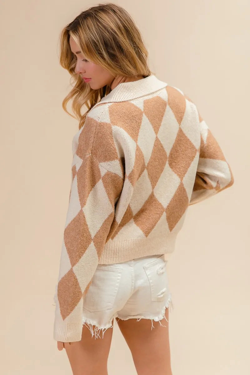 Shop Diamond Pattern Collared Notch Neck Sweater-Chic and cozy, the Diamond Pattern Collared Notch Neck Sweater, classic argyle design, soft knit fabric, timeless polo collar. Effortless everyday elegance.-Reef Love Boho-Chic Boutique