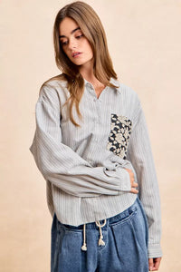 Flower Jacquard Knit Patch Pocket Stripe Shirt-BiBi-Reef Love