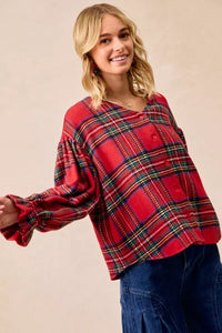 Christmas Plaid V-Neck Flounce Sleeve Jacket