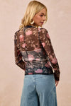 Shop Flower Printed Sheer Mesh Top with Thumb Opening-This stunning sheer mesh blouse features a romantic floral print in soft pink and coral tones against a dark base. Stretchy semi-transparent mesh fabric.-Reef Love Boho-Chic Boutique