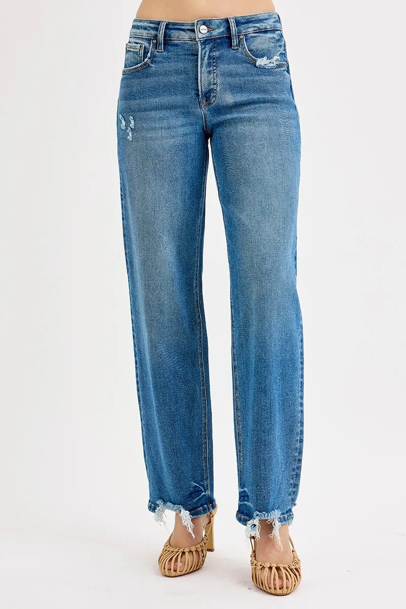 RISEN Mid Rise Baggy Raw Hem Jeans-Reef Love