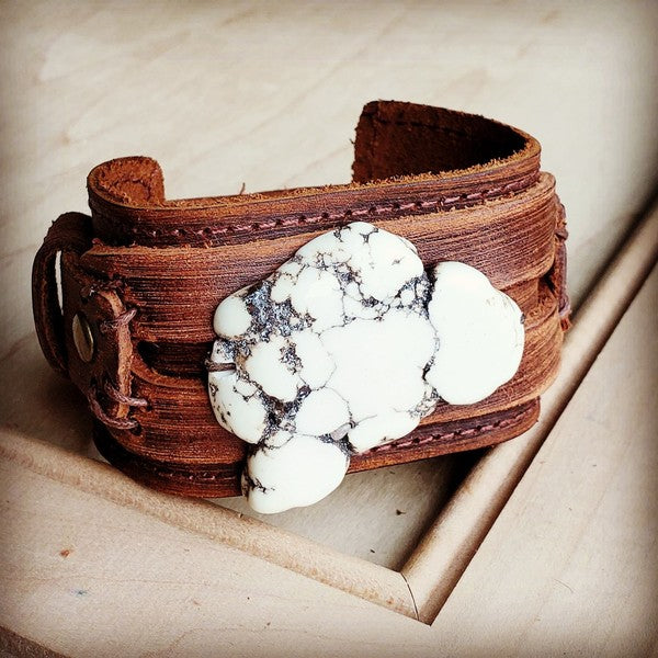 Chunky White Turquoise on Dusty Leather Cuff Bracelet-The Jewelry Junkie-Reef Love