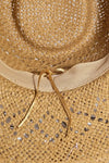 Woman wearing Turquoise & Shell Star Beads Strap Western Straw Hat-Western-style straw hat with turquoise and shell star beads. Lightweight, boho-chic, and perfect for festivals, beach days, or sunny adventures.