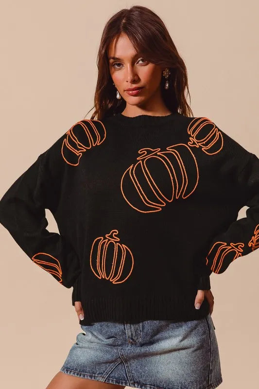 Pumpkin Patch Embroidered Knit Sweater – Black &amp; Orange Halloween Pullover