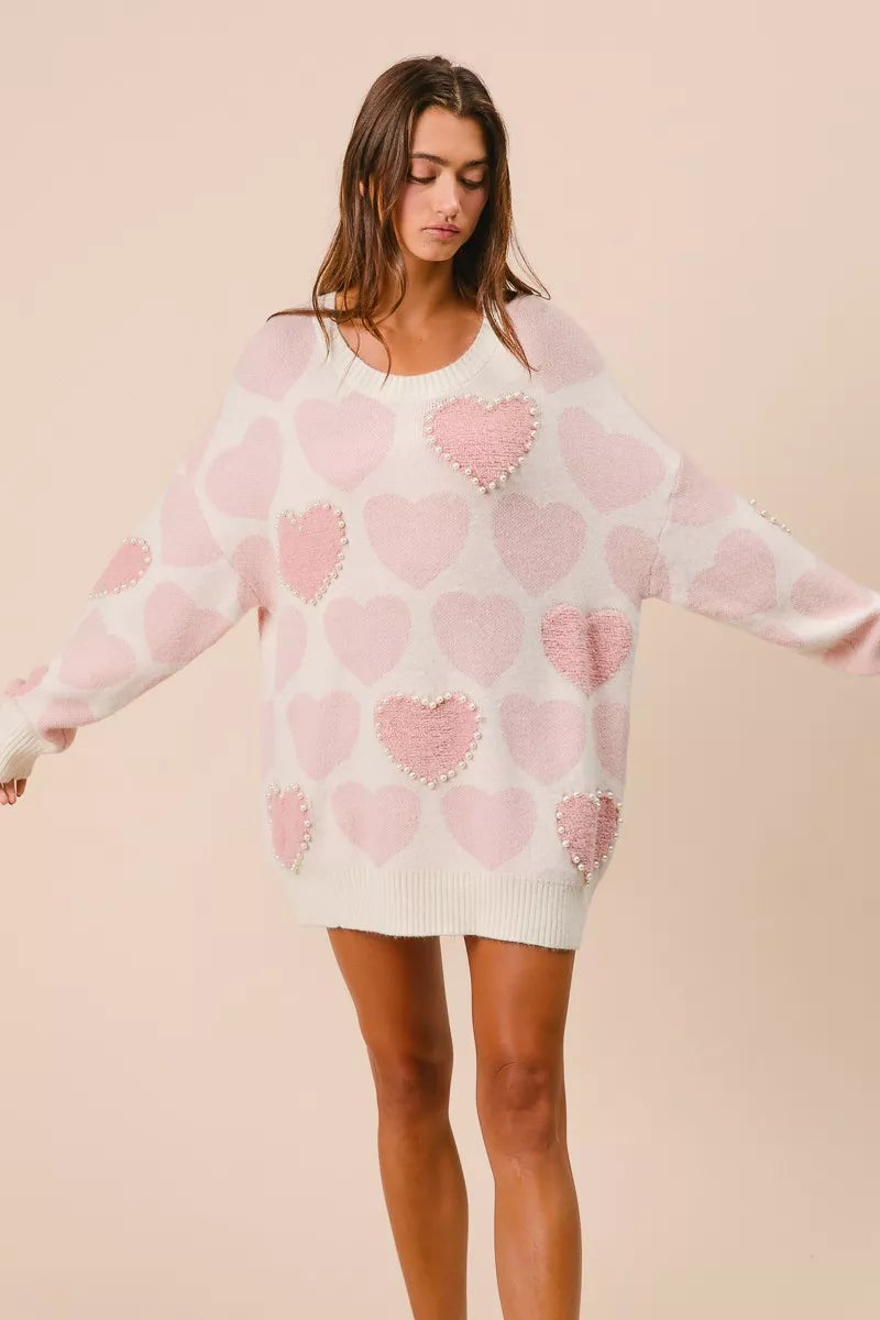 Heart Pattern Sweater with Pearl Detail-BiBi-Reef Love