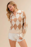 Shop Diamond Pattern Collared Notch Neck Sweater-Chic and cozy, the Diamond Pattern Collared Notch Neck Sweater, classic argyle design, soft knit fabric, timeless polo collar. Effortless everyday elegance.-Reef Love Boho-Chic Boutique