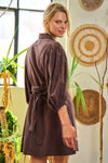 Half-Sleeve Belted Mini Shirt Dress-Chic half sleeve belted mini shirt dress with button-down front and balloon sleeves. Lightweight linen-viscose blend, perfect for warm-weather style.-Reef Love Boho-Chic Boutique