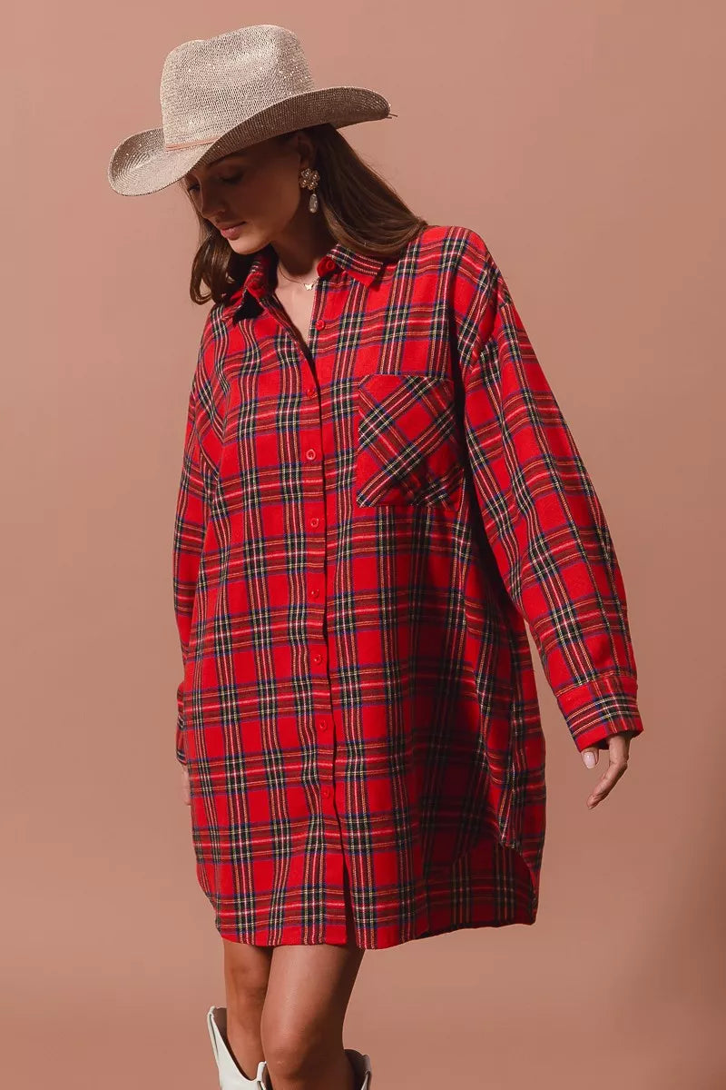 Christmas Checker Plaid Button Up Mini Shirt Dress