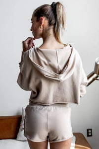 Khaki Raw Edges Cropped Hoodie and Bottom Set