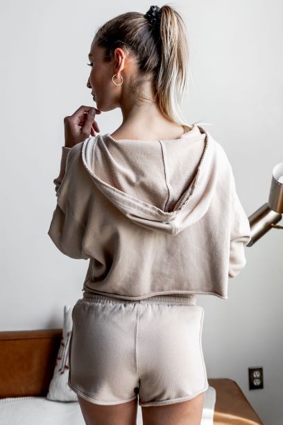 Khaki Raw Edges Cropped Hoodie and Bottom Set