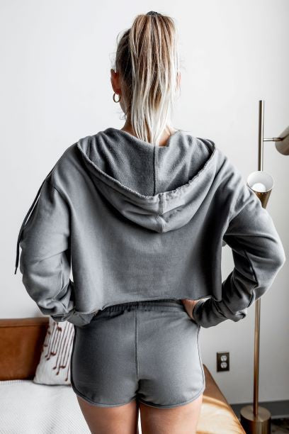Grey Raw Edges Cropped Hoodie and Bottom Set
