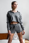 Grey Raw Edges Cropped Hoodie and Bottom Set