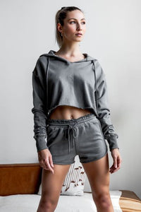 Grey Raw Edges Cropped Hoodie and Bottom Set