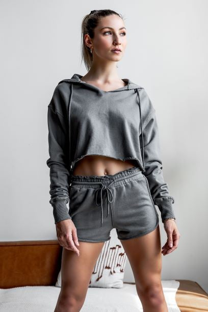 Grey Raw Edges Cropped Hoodie and Bottom Set