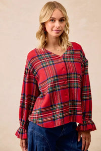 Christmas Plaid V-Neck Flounce Sleeve Jacket