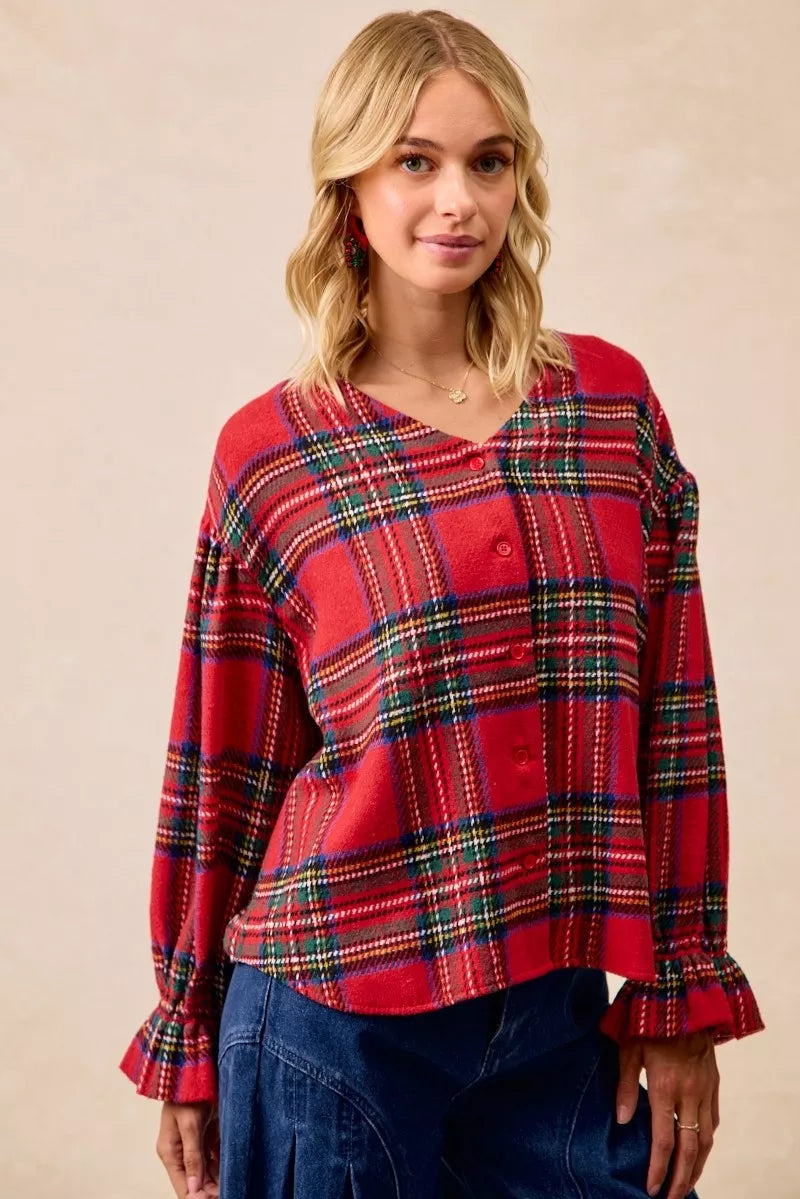 Christmas Plaid V-Neck Flounce Sleeve Jacket