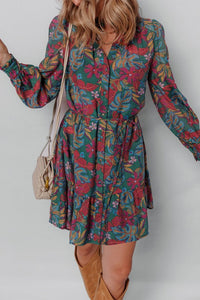 Floral Frilled V-Neck Puff Sleeve Ruffle Shirt Dress-JUNIPER BLVD-Reef Love