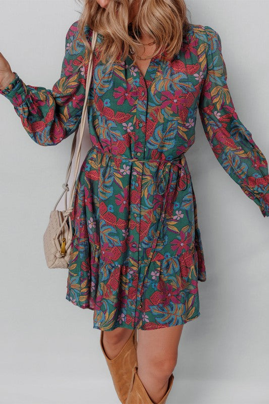 Floral Frilled V-Neck Puff Sleeve Ruffle Shirt Dress-JUNIPER BLVD-Reef Love