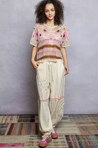 Weave Pattern Short Sleeve Crochet Top with Border Accents-Blouse-Reef Love