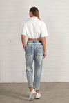 Shop Slouch Raw Hem Vintage Patched Cropped Jeans-Laid-back and vintage-inspired, the Slouch Raw Hem Patched Cropped Jeans feature patched knees, a raw hem, and mid-rise fit in 100% cotton light wash denim.-Reef Love Boho-Chic Boutique