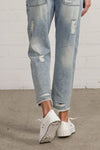 Shop Slouch Raw Hem Vintage Patched Cropped Jeans-Laid-back and vintage-inspired, the Slouch Raw Hem Patched Cropped Jeans feature patched knees, a raw hem, and mid-rise fit in 100% cotton light wash denim.-Reef Love Boho-Chic Boutique