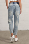 Shop Slouch Raw Hem Vintage Patched Cropped Jeans-Laid-back and vintage-inspired, the Slouch Raw Hem Patched Cropped Jeans feature patched knees, a raw hem, and mid-rise fit in 100% cotton light wash denim.-Reef Love Boho-Chic Boutique