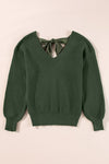Bow Back Lantern Sleeve V-Neck Sweater-Reef Love
