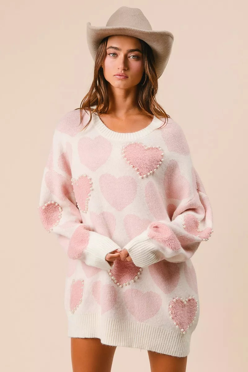 Heart Pattern Sweater with Pearl Detail-BiBi-Reef Love