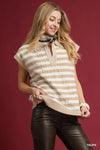 Cable Knit Collared Striped Short Sleeve Sweater
