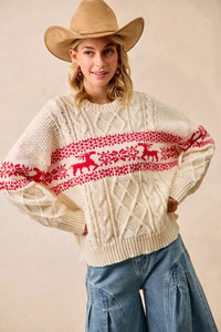 Christmas Theme Patterned Cable Knit Sweater