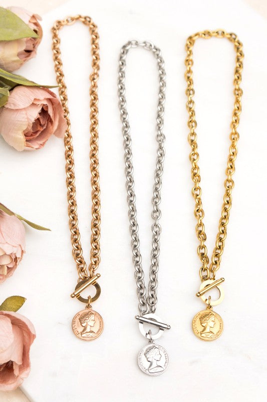 Coin Pendant Chain Necklace, Tarnish-Resistant