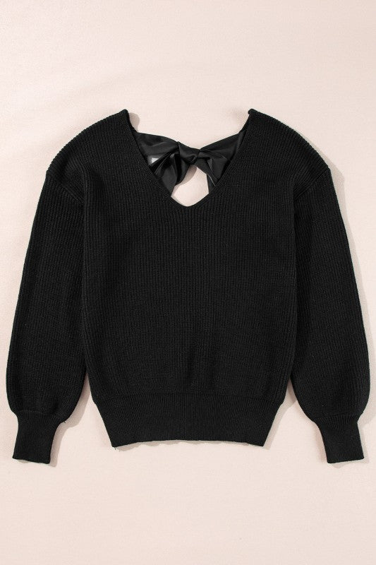 Bow Back Lantern Sleeve V-Neck Sweater-Reef Love