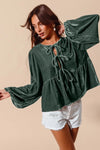 Emerald Front Tie Velvet Holiday Blouse