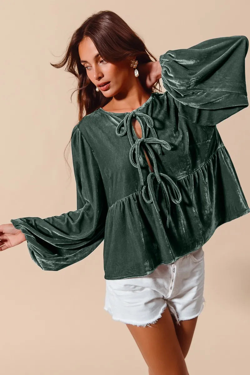 Emerald Front Tie Velvet Holiday Blouse