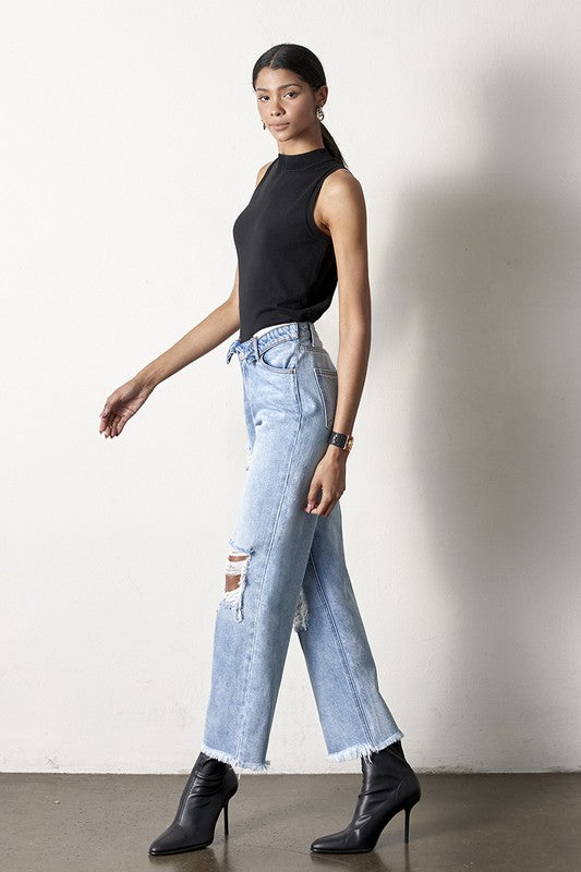 Flip Waist Distressed Straight Leg Jeans-Reef Love