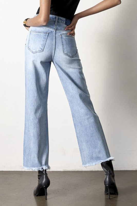 Flip Waist Distressed Straight Leg Jeans-Reef Love