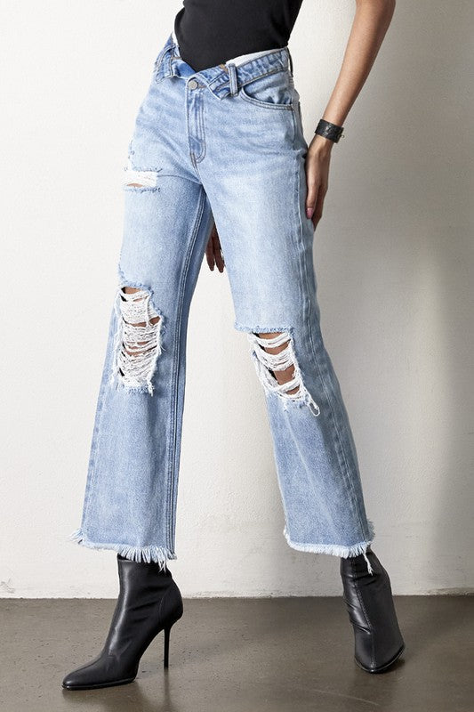 Flip Waist Distressed Straight Leg Jeans-Reef Love