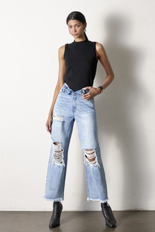 Flip Waist Distressed Straight Leg Jeans-Reef Love
