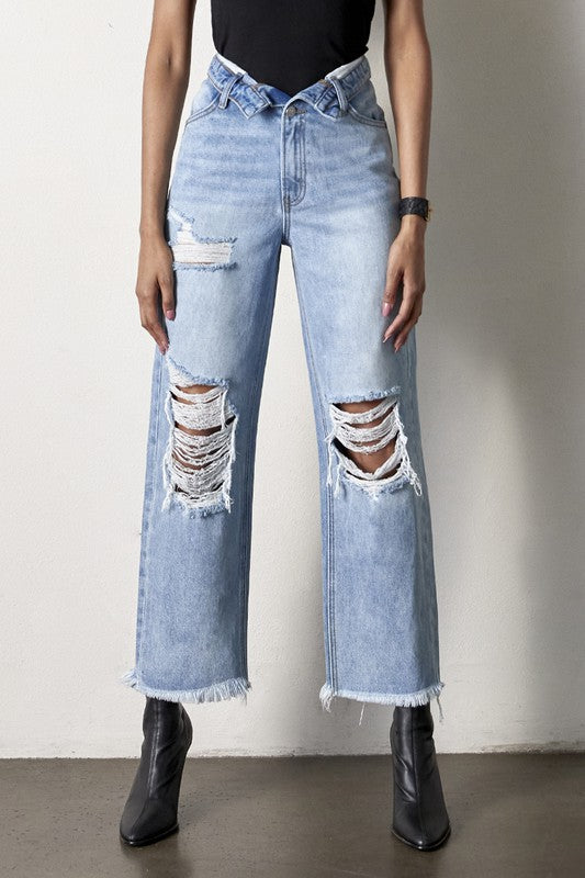 Flip Waist Distressed Straight Leg Jeans-Reef Love