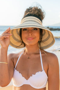 woman on beach wearing Marled Stripe Roll up Bow Visor-Reef Love
