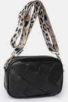 Woven light brown faux leather crossbody women’s bag with removable fabric strap with animal print