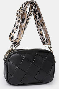 Woven light brown faux leather crossbody women’s bag with removable fabric strap with animal print