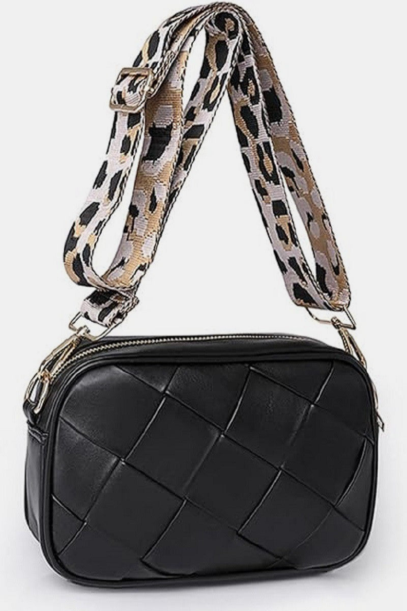Woven light brown faux leather crossbody women’s bag with removable fabric strap with animal print