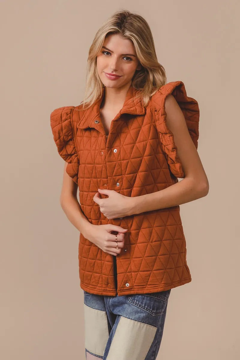 Quilting Knit Ruffle Sleeve Vest, Rust