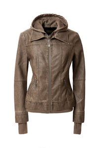 Faux Leather Bomber Jacket with Hood
