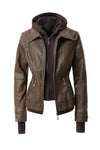 Faux Leather Bomber Jacket with Hood