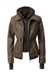 Faux Leather Bomber Jacket with Hood
