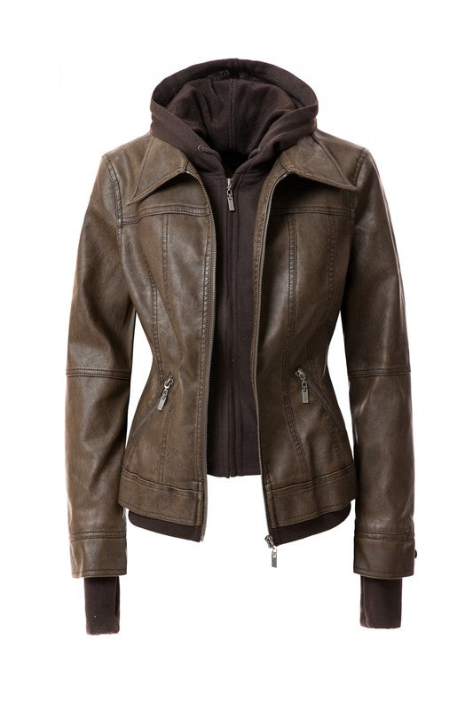 Faux Leather Bomber Jacket with Hood