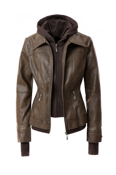 Faux Leather Bomber Jacket with Hood